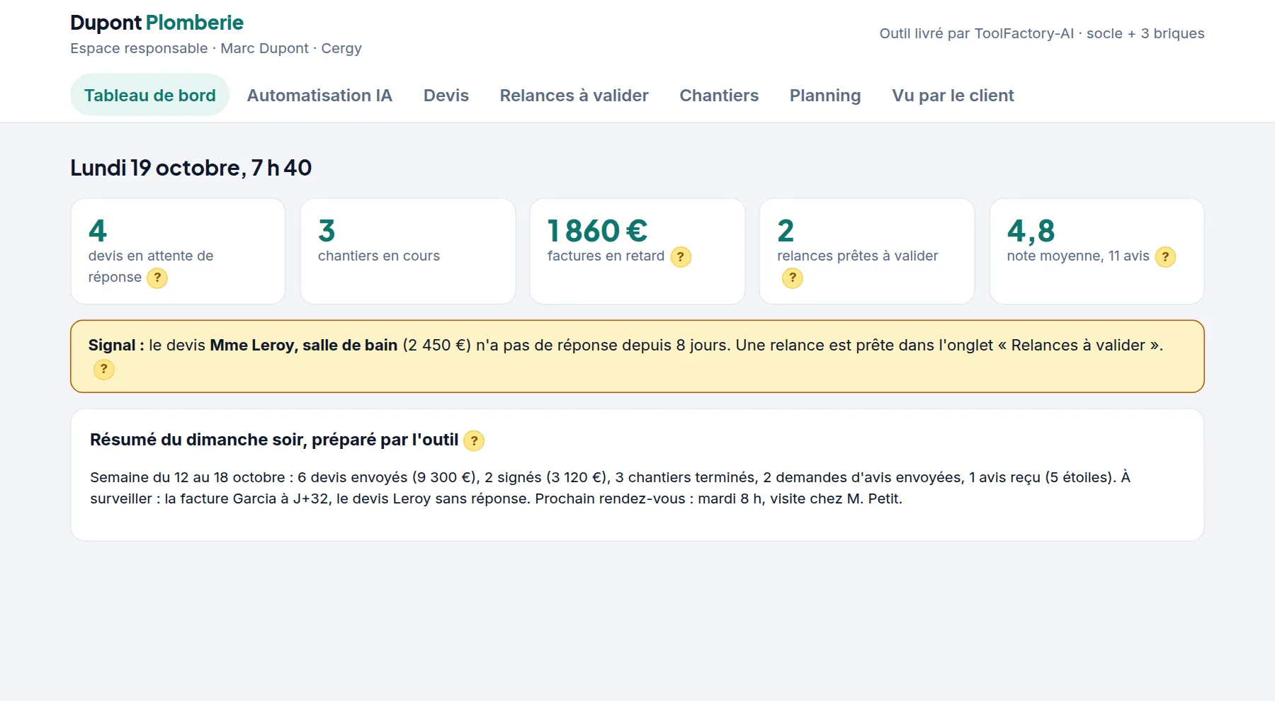 Démo fictive : tableau de bord d'un artisan