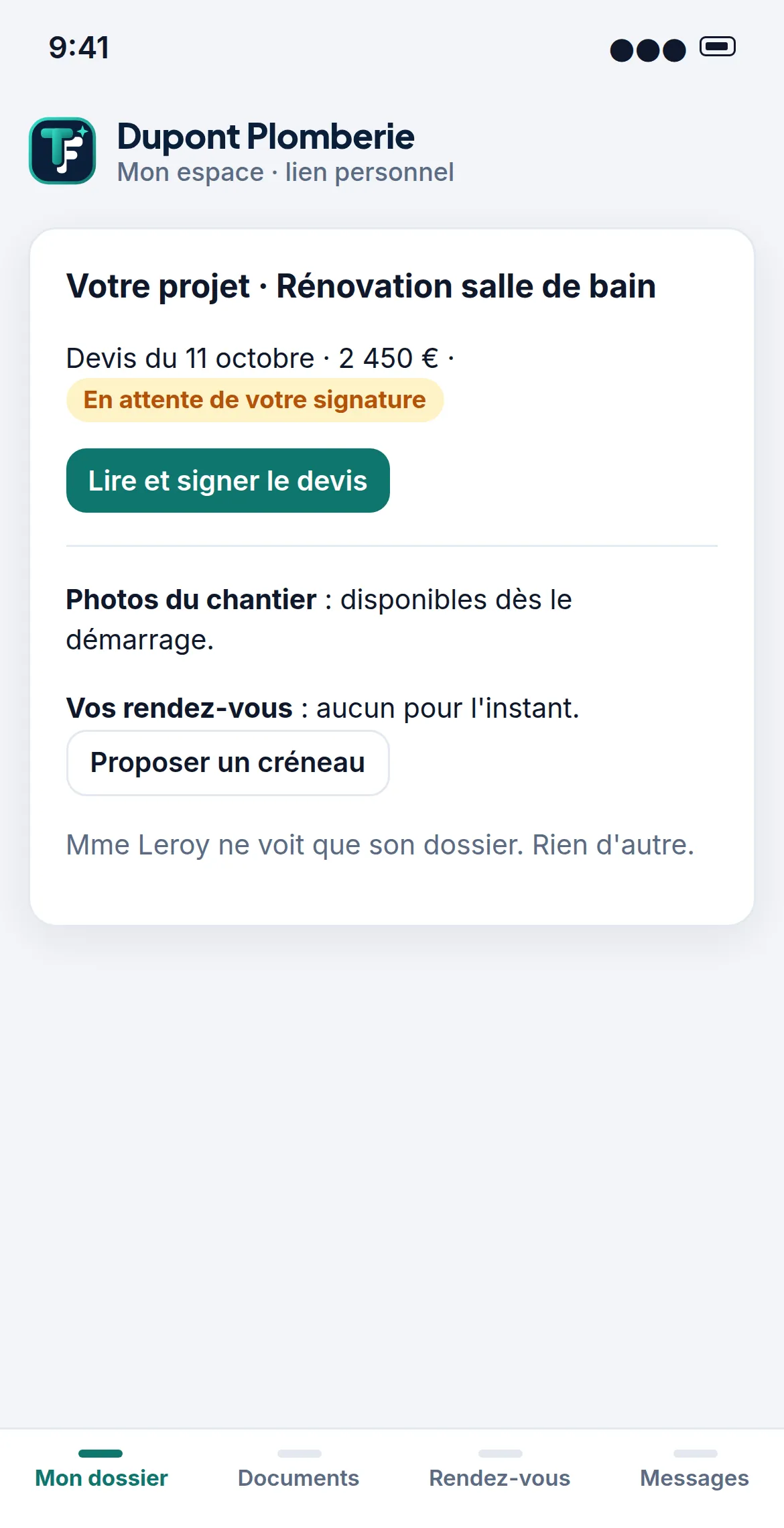 Démo fictive : ce que voit le client d'un artisan sur son téléphone