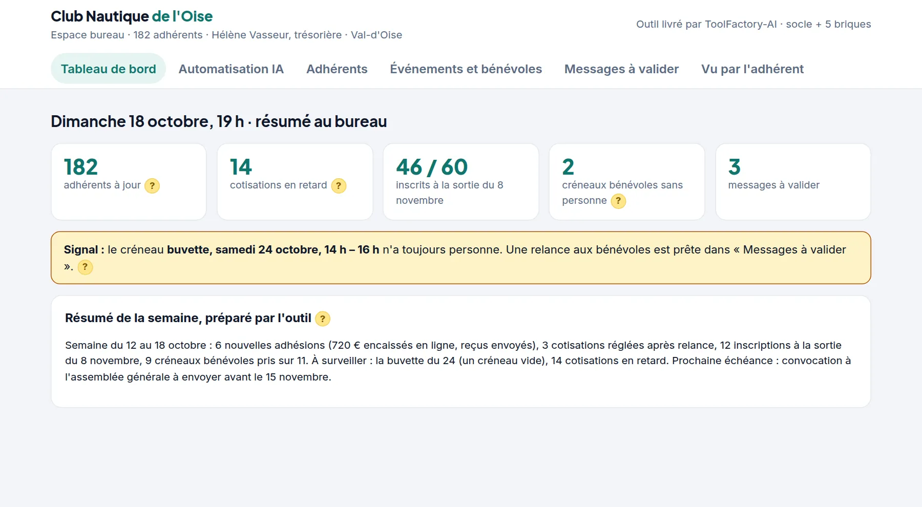 Démo fictive : tableau de bord d'un club